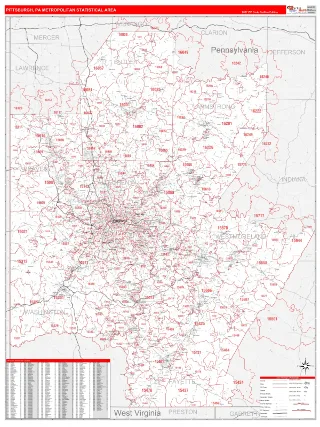 Pittsburgh Metro Area RedLine style ZIP Code wall map