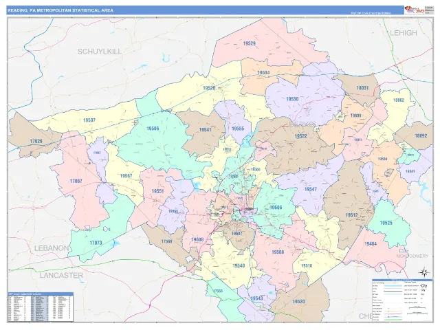 Reading Metro Area ZIP Code Wall Map, ColorCast style