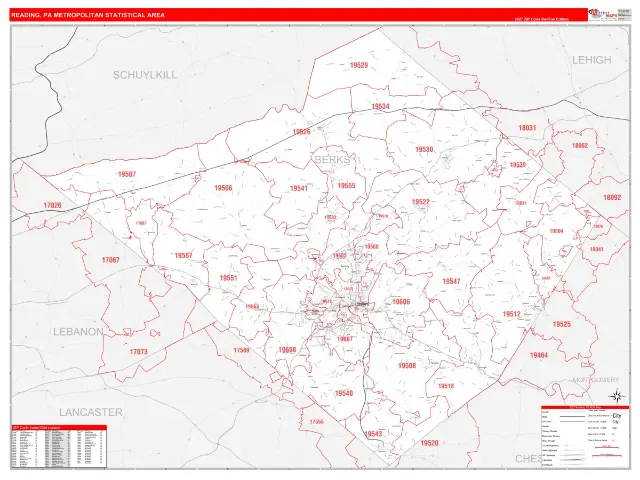 Reading Metro Area ZIP Code Wall Map, RedLine style
