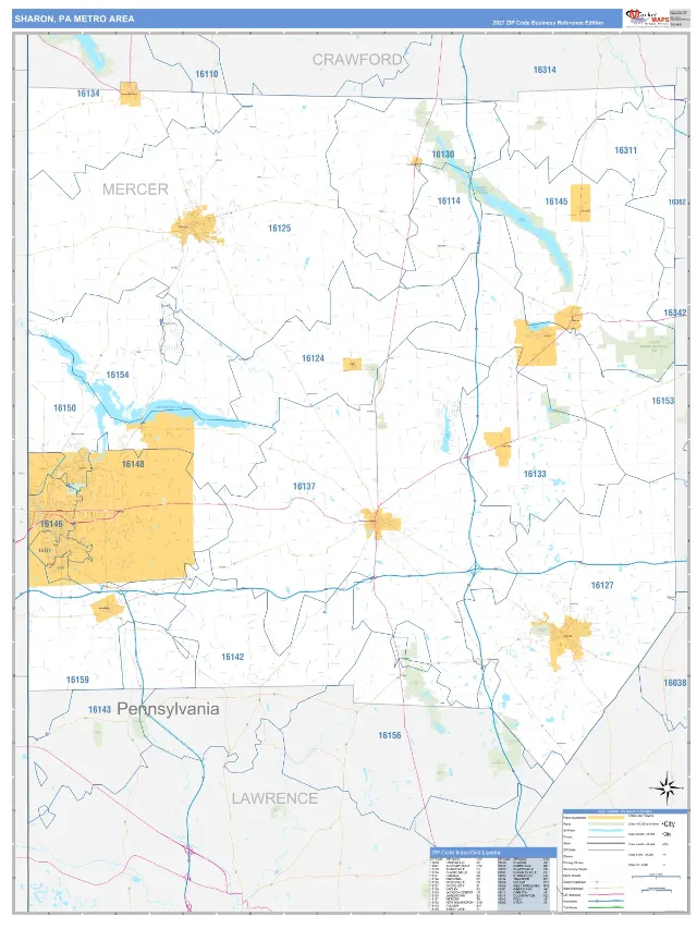 Sharon Metro Area ZIP Code Wall Map, Business Reference style