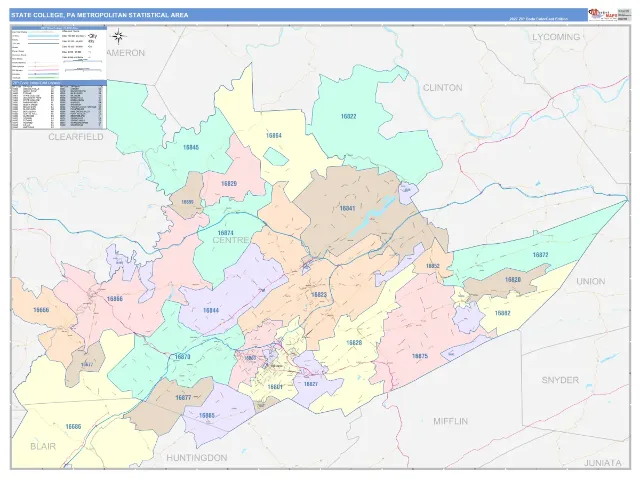 State College Metro Area ZIP Code Wall Map, ColorCast style