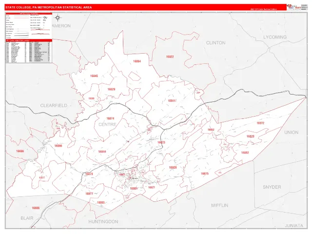 State College Metro Area ZIP Code Wall Map, RedLine style