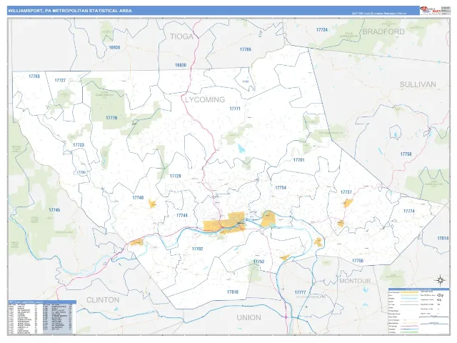 Williamsport Metro Area ZIP Code Wall Map, Business Reference style