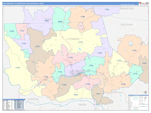 Williamsport Metro Area ZIP Code Wall Map, ColorCast style