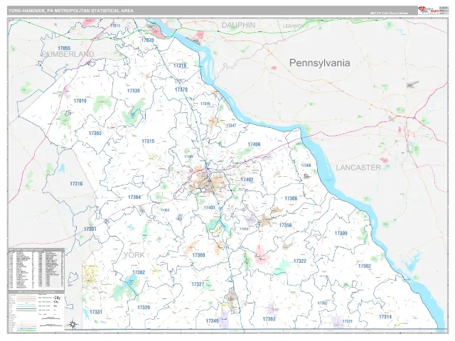 York-Hanover Metro Area ZIP Code Wall Map, Classic style
