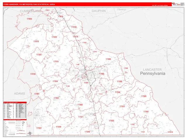 York-Hanover Metro Area ZIP Code Wall Map, RedLine style
