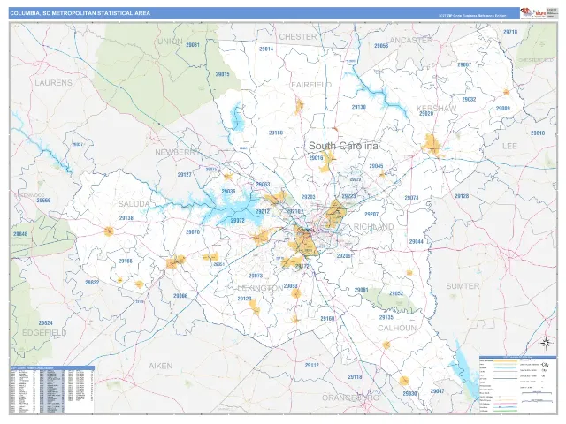 Columbia Metro Area ZIP Code Wall Map, Business Reference style