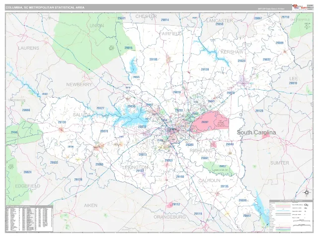 Columbia Metro Area ZIP Code Wall Map, Classic style