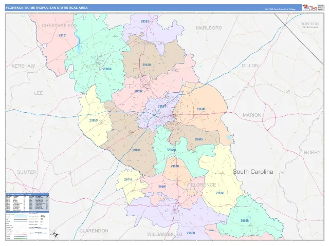Florence Metro Area ZIP Code Wall Map, ColorCast style