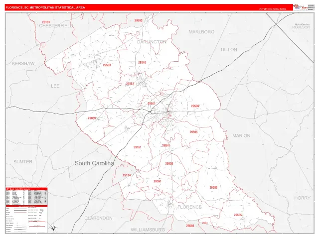 Florence Metro Area ZIP Code Wall Map, RedLine style