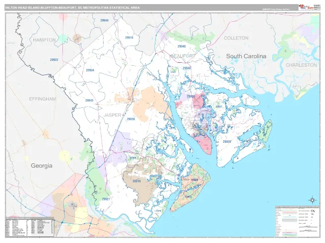 Hilton Head Island-Bluffton-Beaufort Metro Area ZIP Code Wall Map, Classic style