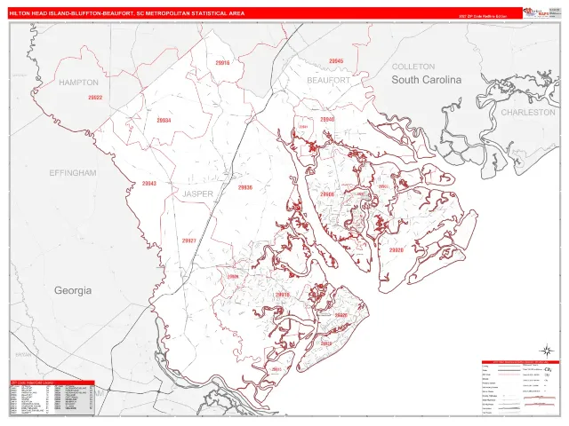 Hilton Head Island-Bluffton-Beaufort Metro Area ZIP Code Wall Map, RedLine style