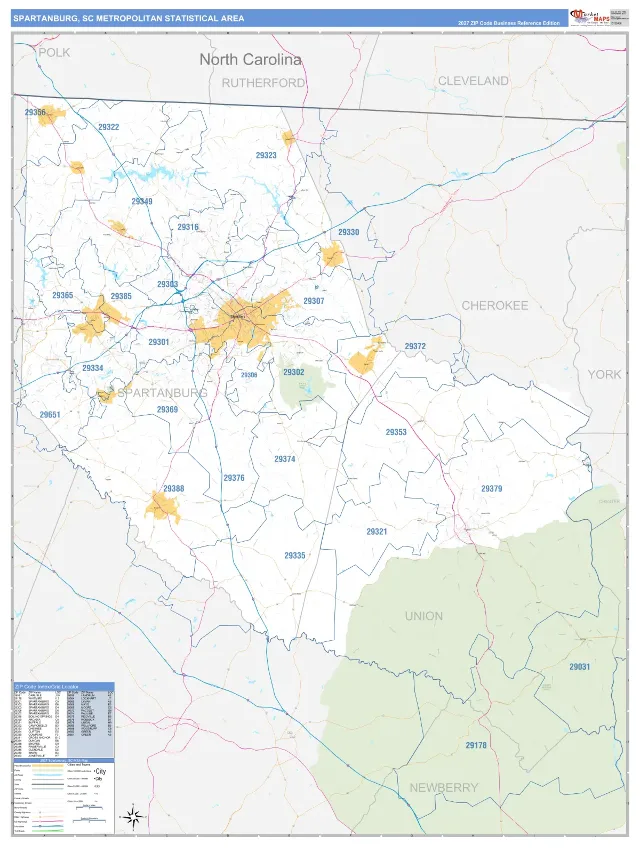 Spartanburg Metro Area ZIP Code Wall Map, Business Reference style