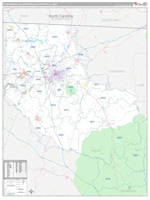 Spartanburg Metro Area ZIP Code Wall Map, Classic style