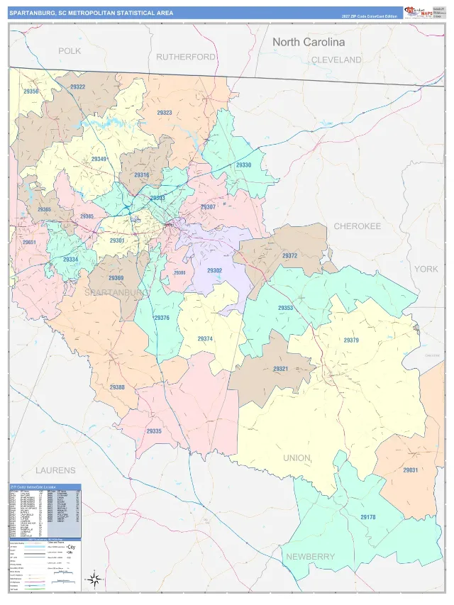 Spartanburg Metro Area ZIP Code Wall Map, ColorCast style