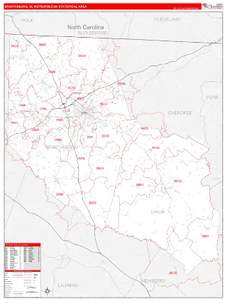 Spartanburg Metro Area RedLine style ZIP Code wall map