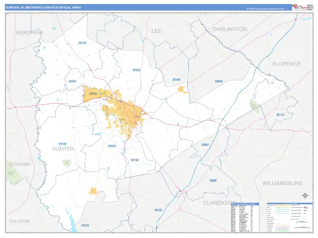 Sumter Metro Area ZIP Code Wall Map, Business Reference style