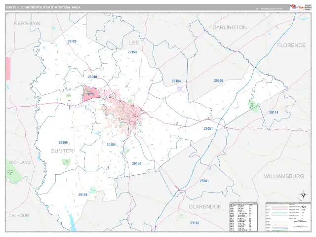 Sumter Metro Area ZIP Code Wall Map, Classic style