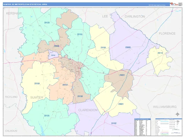 Sumter Metro Area ZIP Code Wall Map, ColorCast style