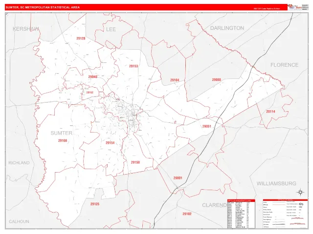 Sumter Metro Area ZIP Code Wall Map, RedLine style