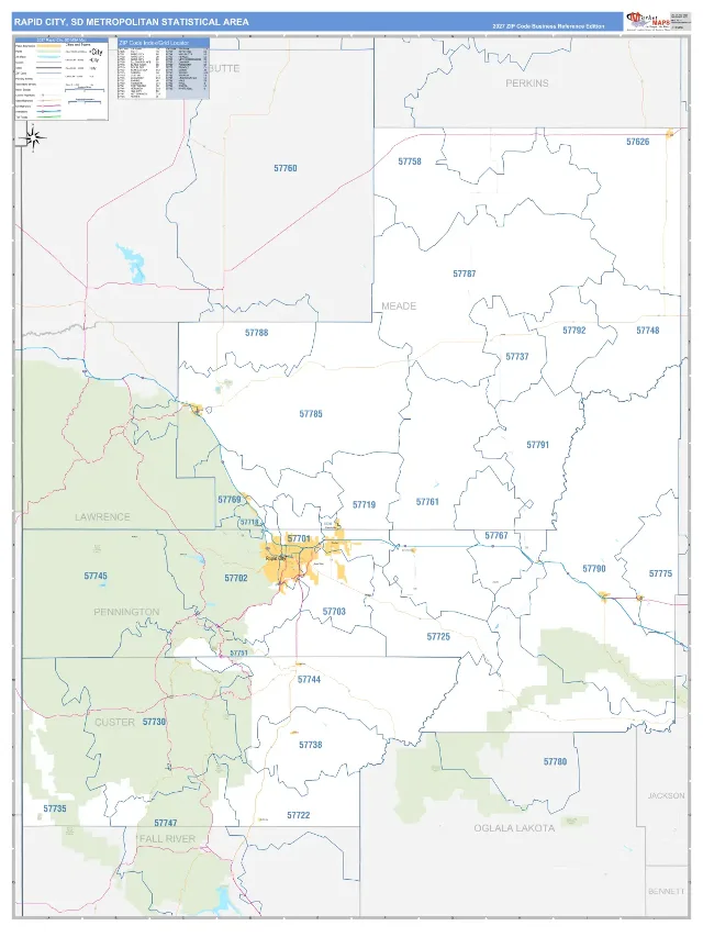 Rapid City Metro Area ZIP Code Wall Map, Business Reference style