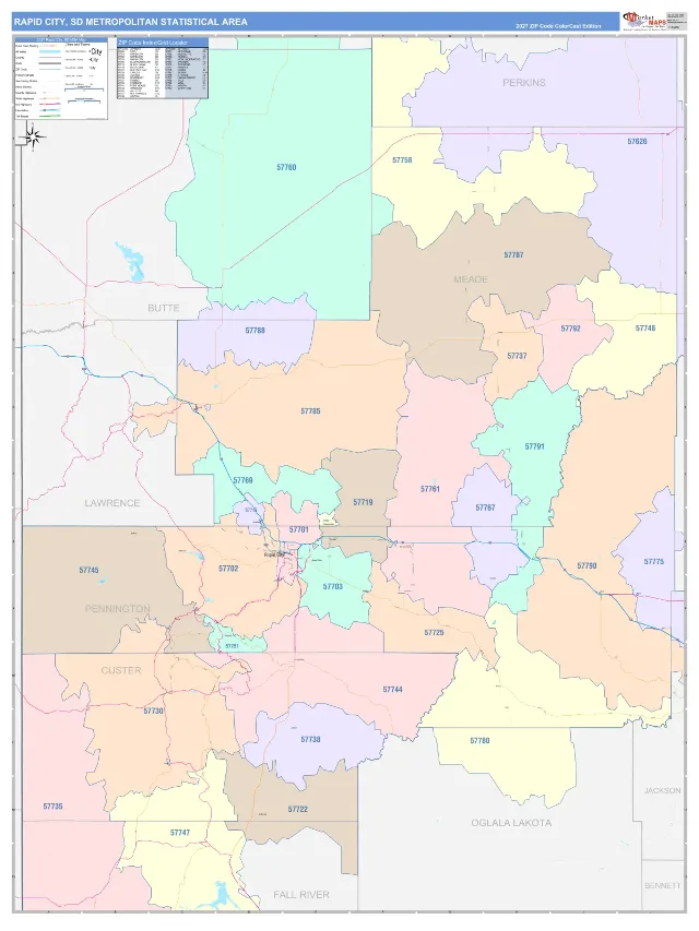 Rapid City Metro Area ZIP Code Wall Map, ColorCast style