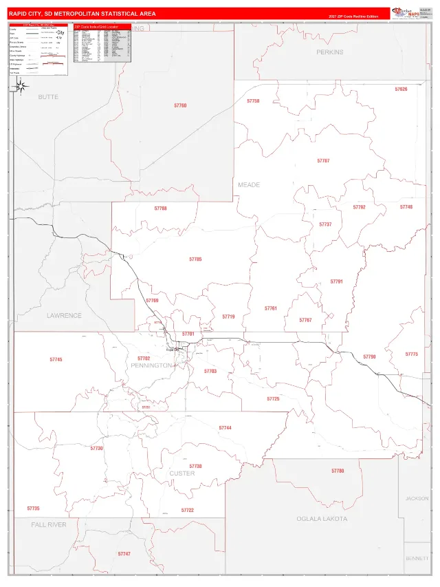 Rapid City Metro Area ZIP Code Wall Map, RedLine style