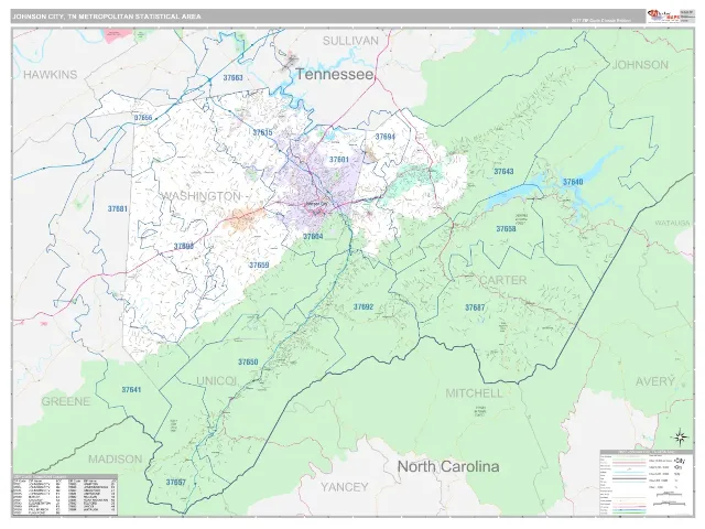 Johnson City Metro Area ZIP Code Wall Map, Classic style