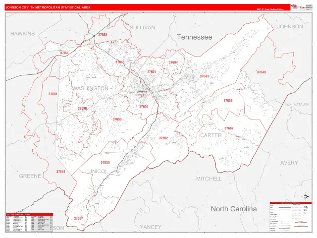 Johnson City Metro Area ZIP Code Wall Map, RedLine style