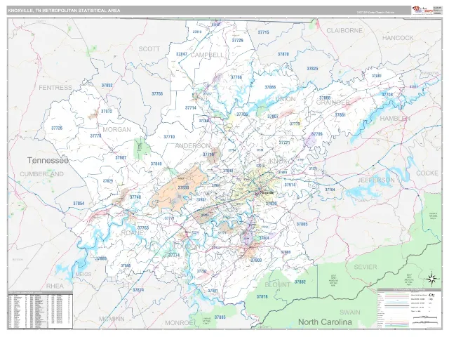 Knoxville Metro Area ZIP Code Wall Map, Classic style