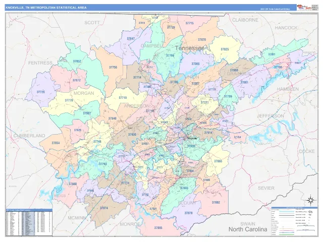 Knoxville Metro Area ZIP Code Wall Map, ColorCast style