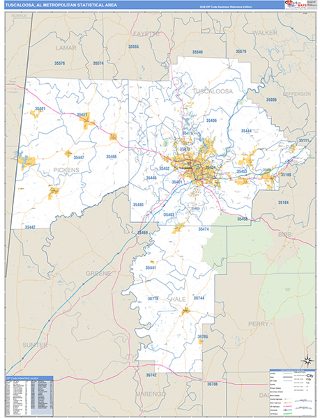 Tuscaloosa metro area ZIP Code wall map in the Business Reference Style