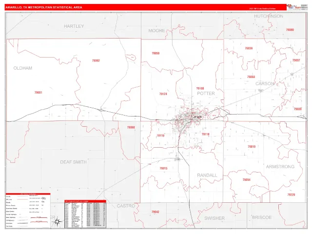 Amarillo Metro Area ZIP Code Wall Map, RedLine style
