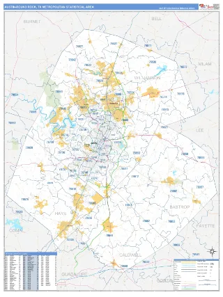 Austin-Round Rock Metro Area Business Reference style ZIP Code wall map