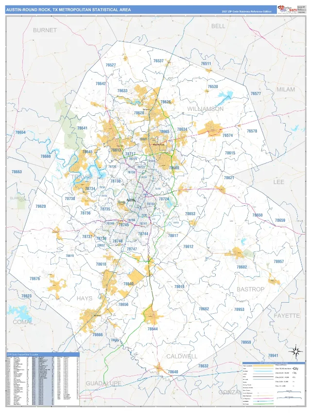Austin-Round Rock Metro Area ZIP Code Wall Map, Business Reference style