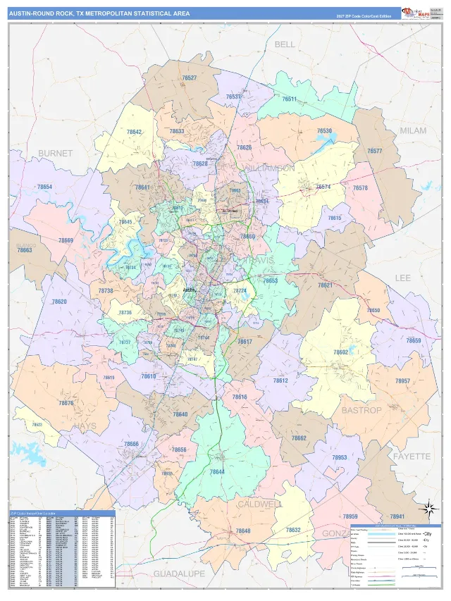 Austin-Round Rock Metro Area ZIP Code Wall Map, ColorCast style