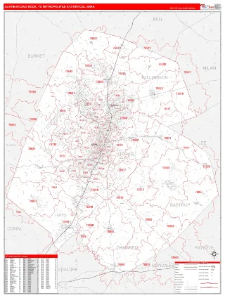 Austin-Round Rock Metro Area RedLine style ZIP Code wall map