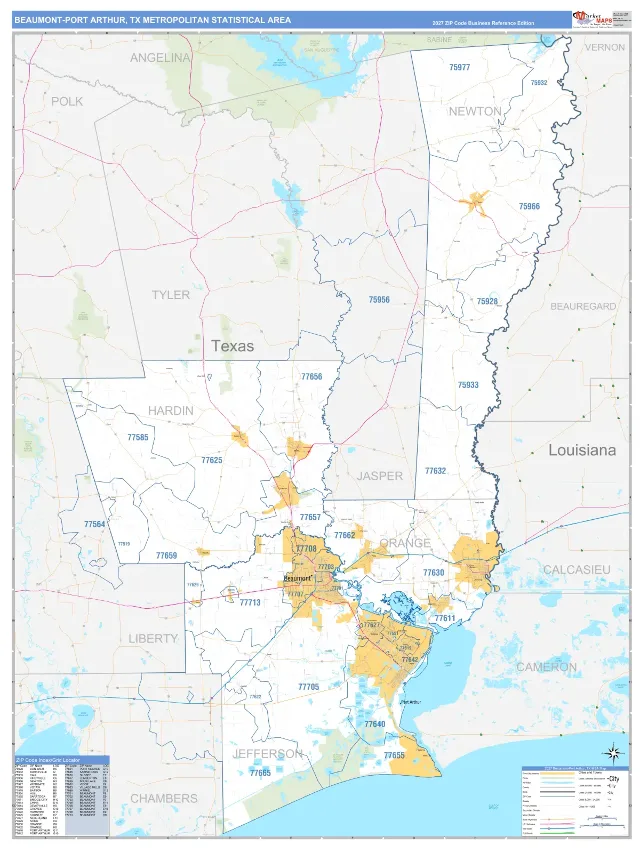 Beaumont-Port Arthur Metro Area ZIP Code Wall Map, Business Reference style