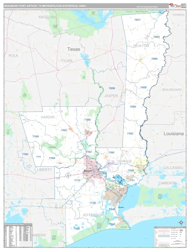 Beaumont-Port Arthur Metro Area ZIP Code Wall Map, Classic style