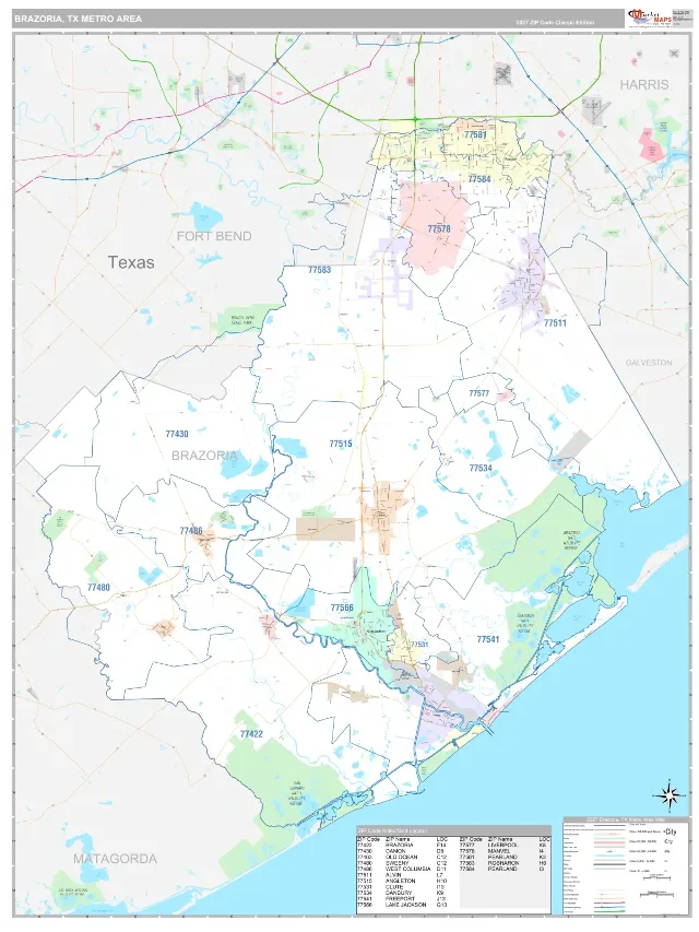 Brazoria Metro Area ZIP Code Wall Map, Classic style