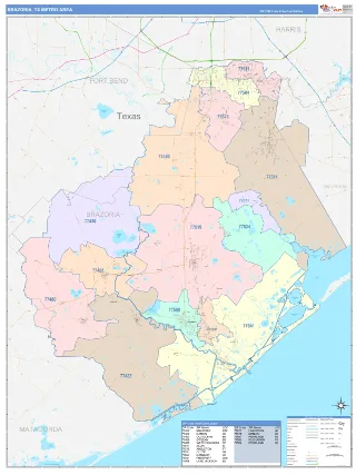 Brazoria Metro Area ColorCast style ZIP Code wall map