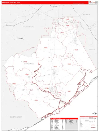 Brazoria Metro Area RedLine style ZIP Code wall map