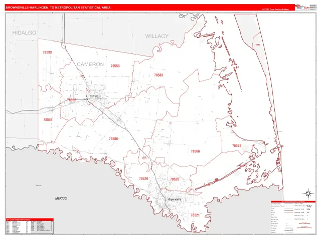 Brownsville-Harlingen Metro Area ZIP Code Wall Map, RedLine style