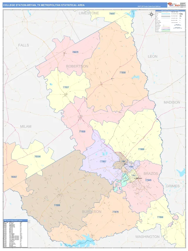 College Station-Bryan Metro Area ZIP Code Wall Map, ColorCast style