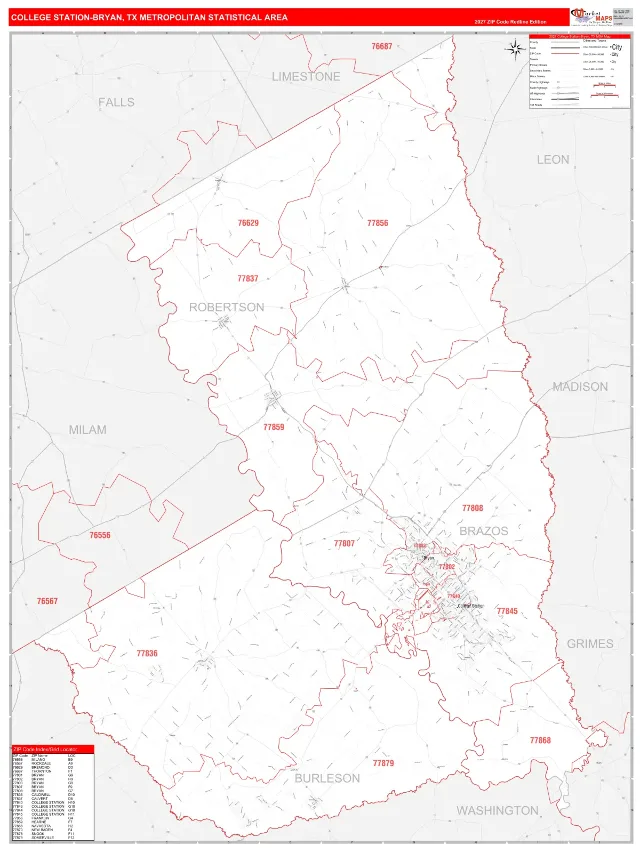 College Station-Bryan Metro Area ZIP Code Wall Map, RedLine style