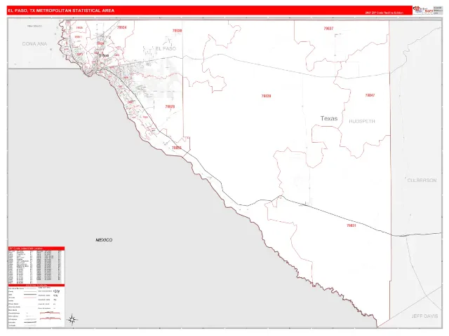 El Paso Metro Area ZIP Code Wall Map, RedLine style
