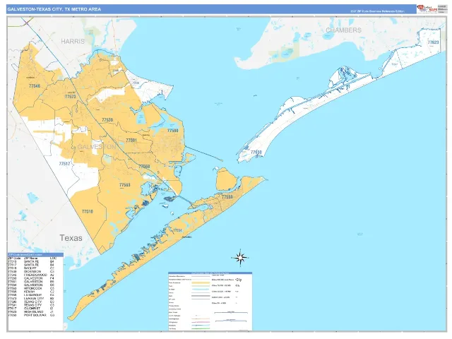 Galveston-Texas City Metro Area ZIP Code Wall Map, Business Reference style
