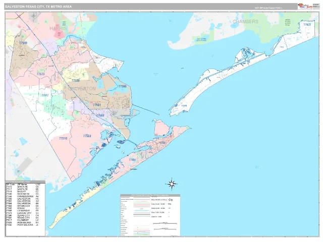 Galveston-Texas City Metro Area ZIP Code Wall Map, Classic style