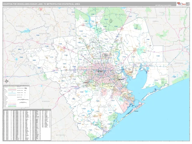 Houston-The Woodlands-Sugar Land Metro Area ZIP Code Wall Map, Classic style