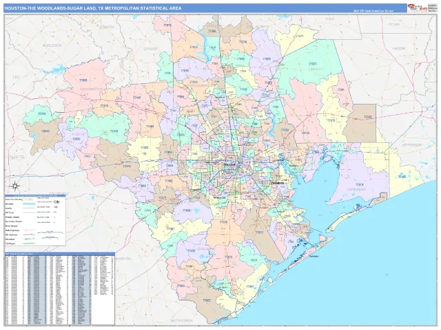Houston-The Woodlands-Sugar Land Metro Area ZIP Code Wall Map, ColorCast style